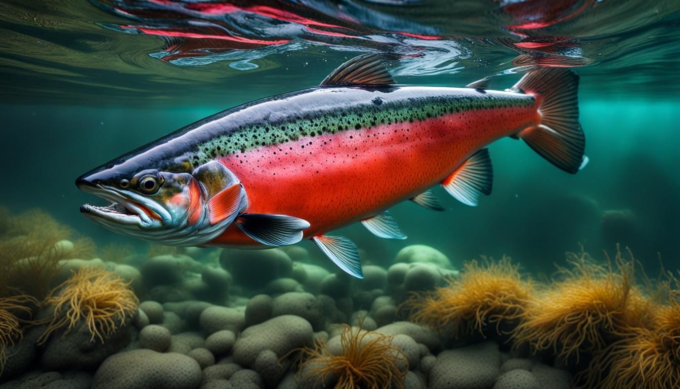 Mystical Salmon Swimming Upstream in Clear Water