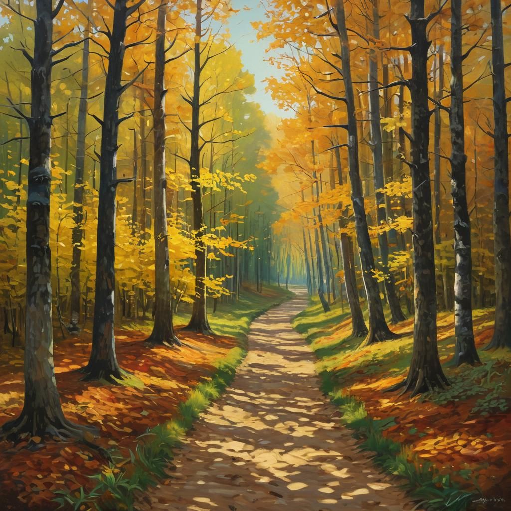 Autumnal Forest Painting with Sunlight and Shadows