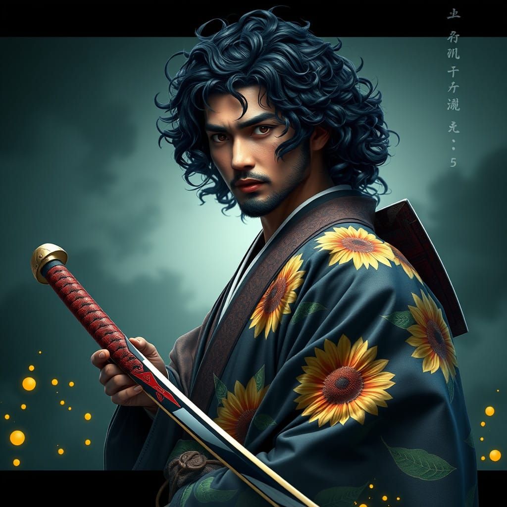 Fantastical Samurai in Vibrant Sunflower Kimono