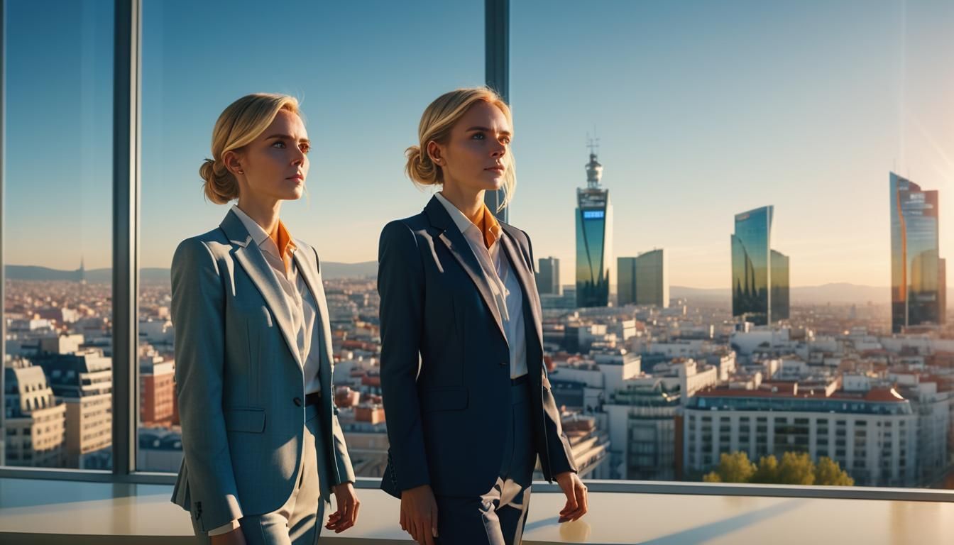 Blonde Entrepreneur Overlooking Madrid in Cinematic Style