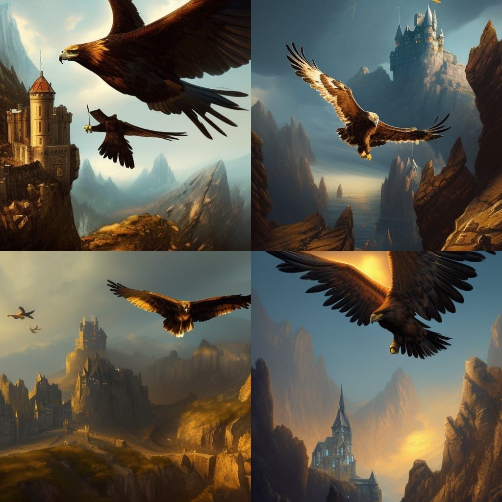Golden Eagle Soaring Above Castle, Dark Fantasy Art