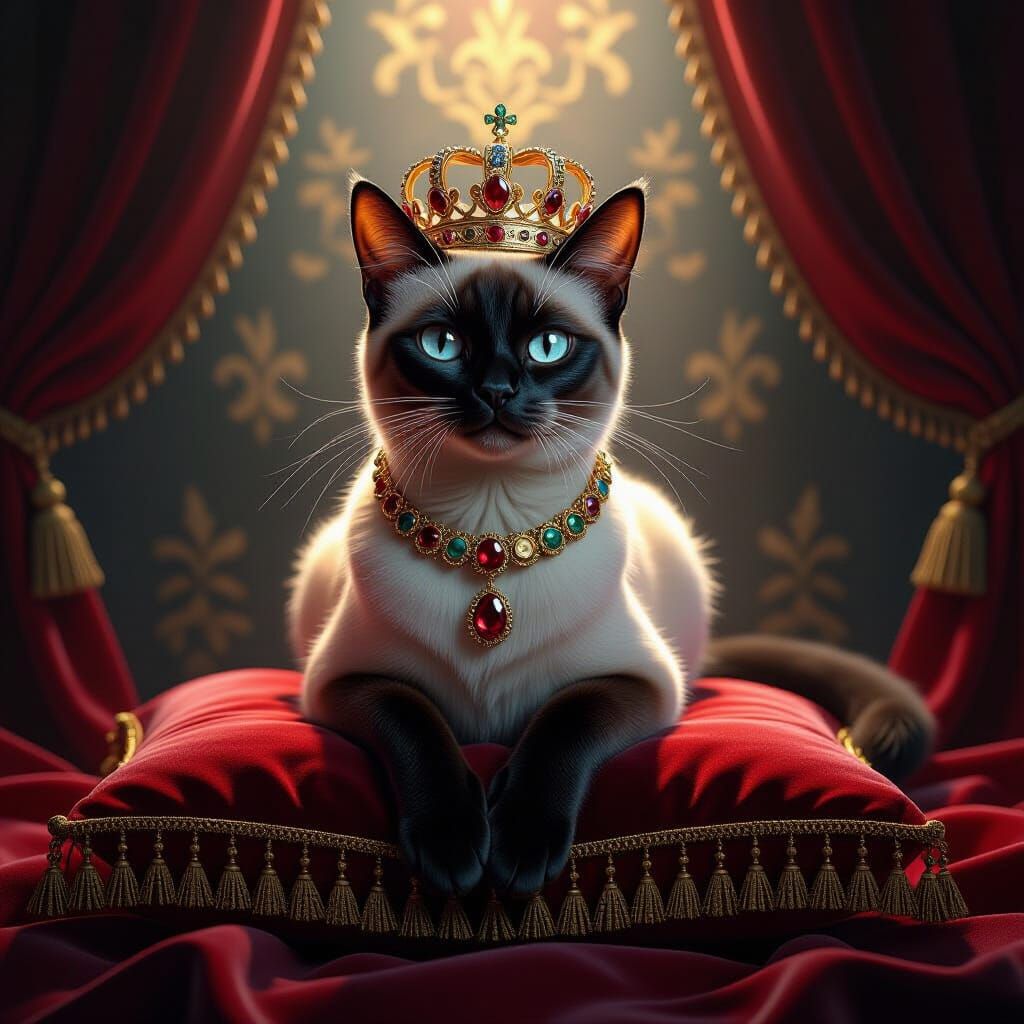 Siamese Cat Queen on Velvet Pillow
