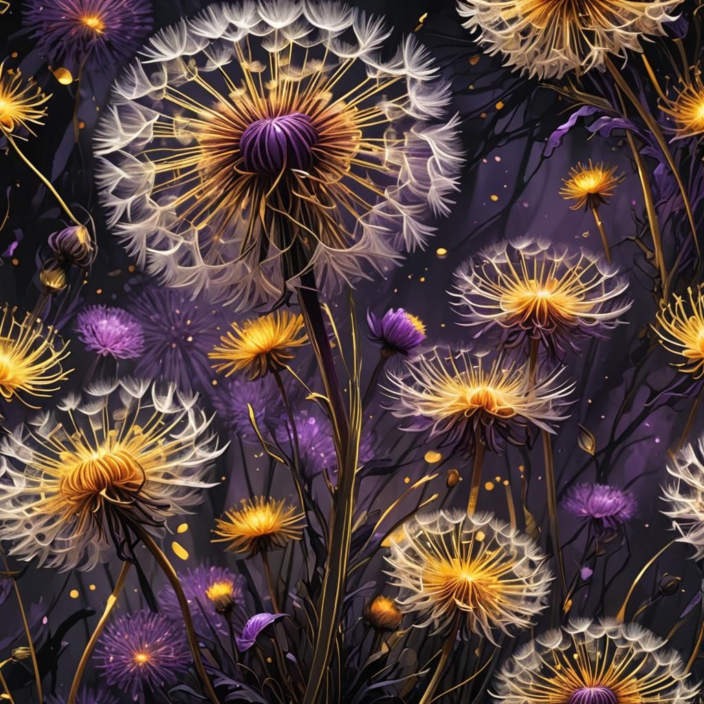 Dandelion Blooms in Mystical Dark Fantasy Environment