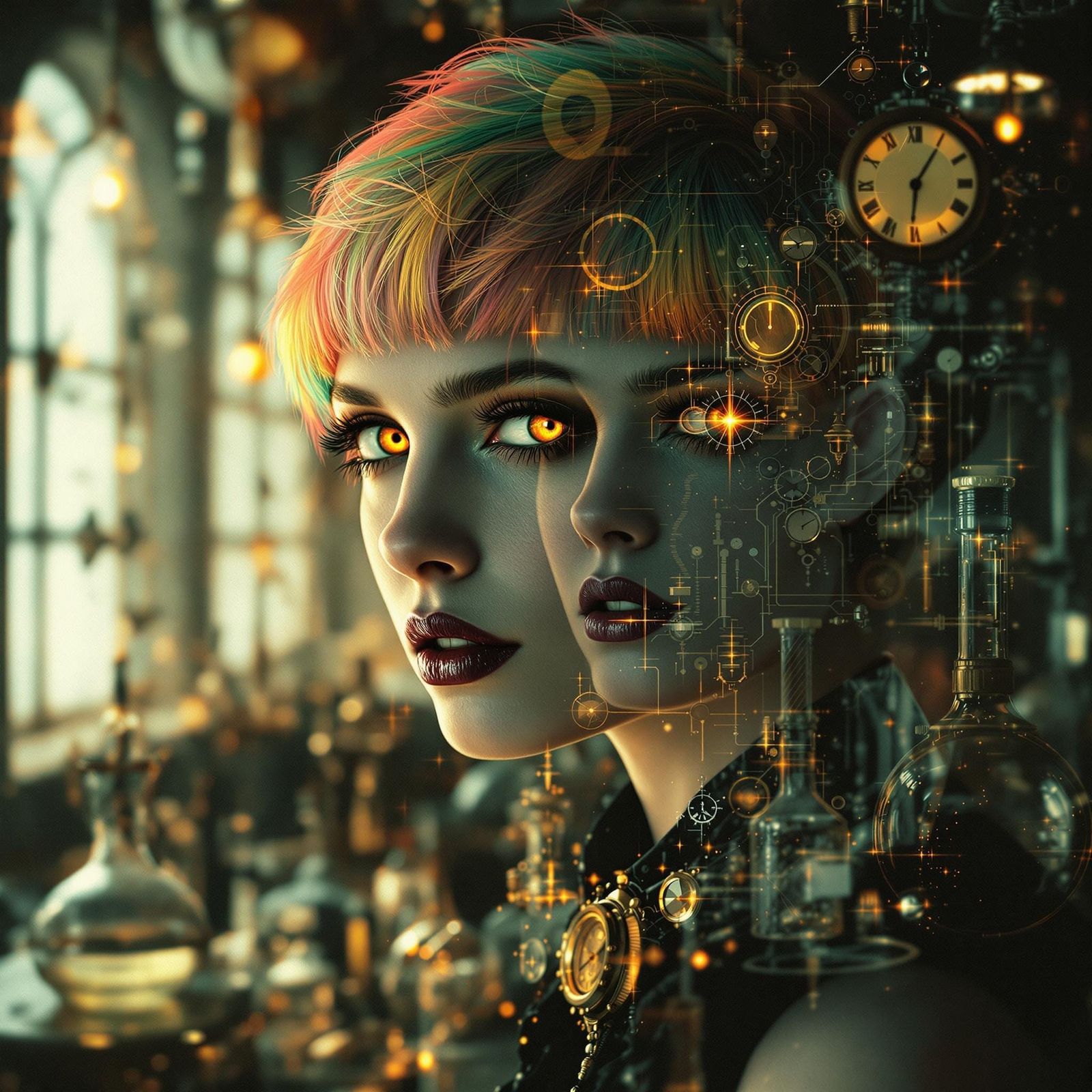 Gothic Flapper Steampunk Double Exposure in Surreal Style