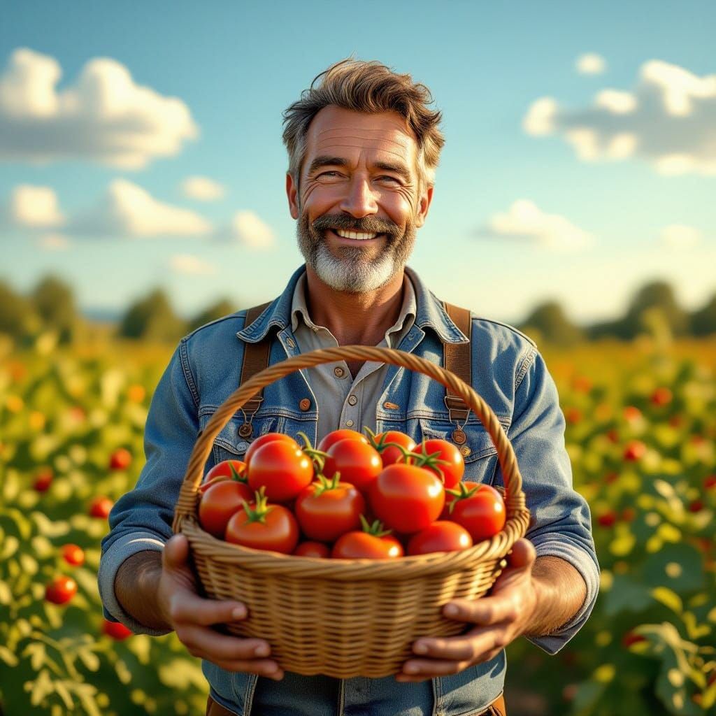 Farmer Holds Ripe Tomatoes in Sun-Drenched Field
