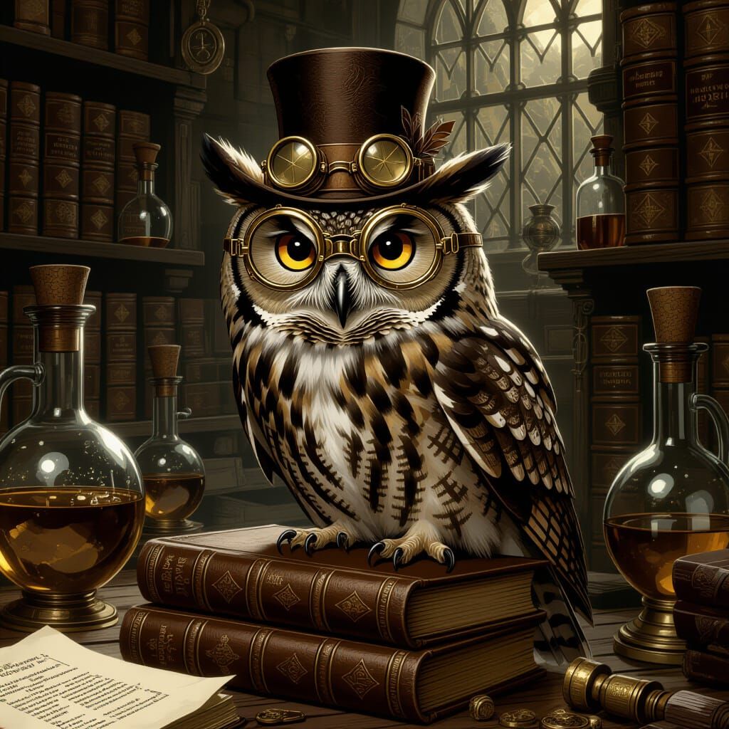 Steampunk Owl on Spellbooks in Alchemist Lab