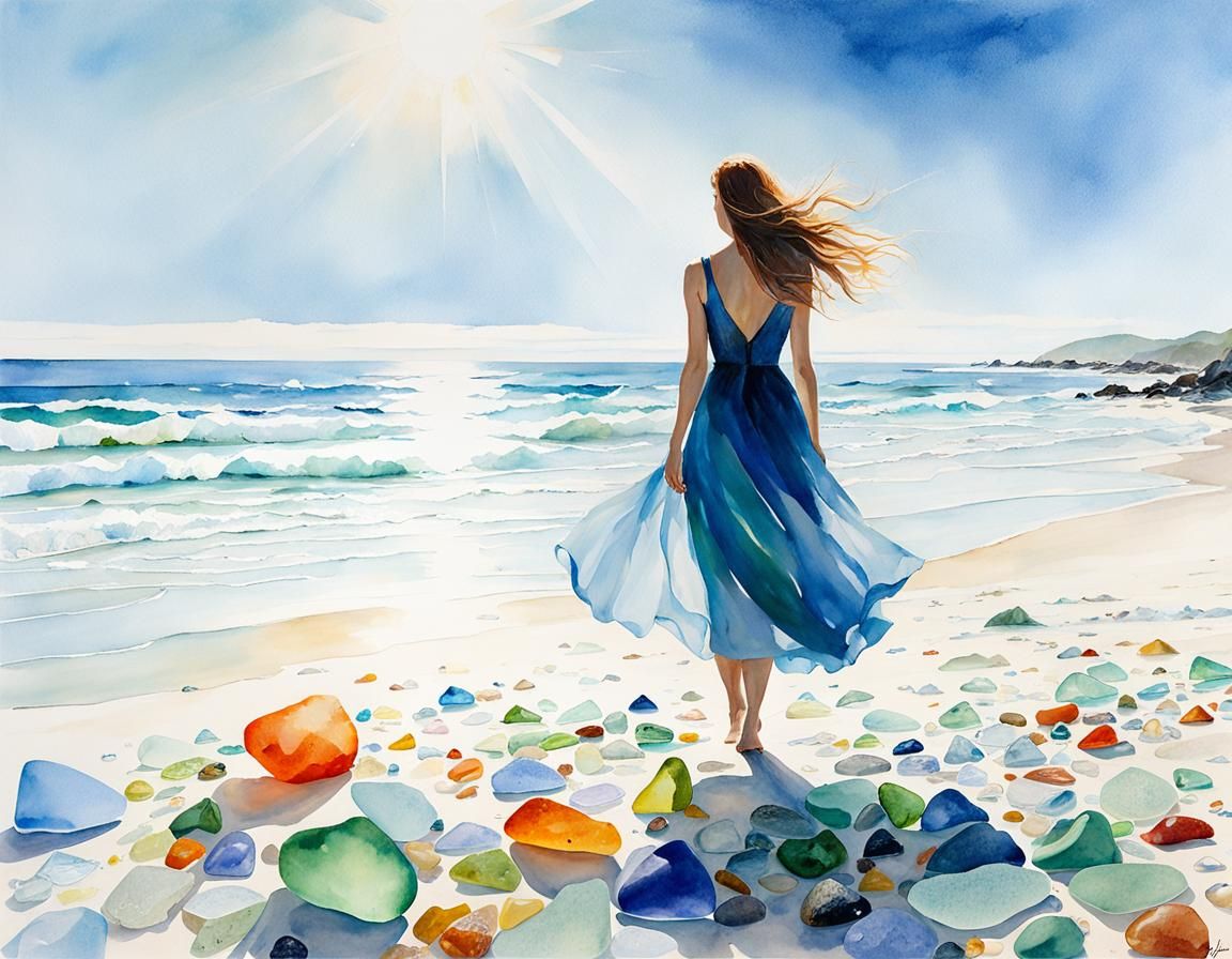 Multicolor Sea Glass on Beach in Watercolor Style
