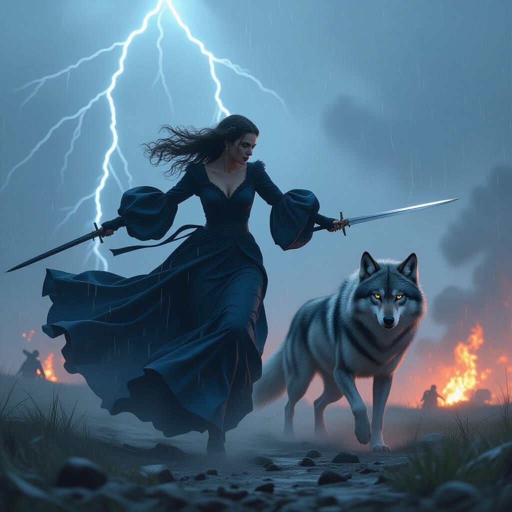 Epic Girl Leaps Across Battlefield with Wolf