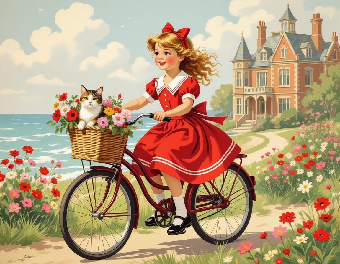 Victorian Girl on Bicycle with Cat, Storybook Illustration
