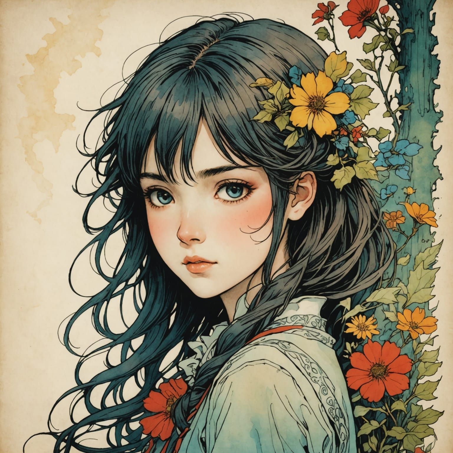 A Whimsical Girl in Colorful Ink Style