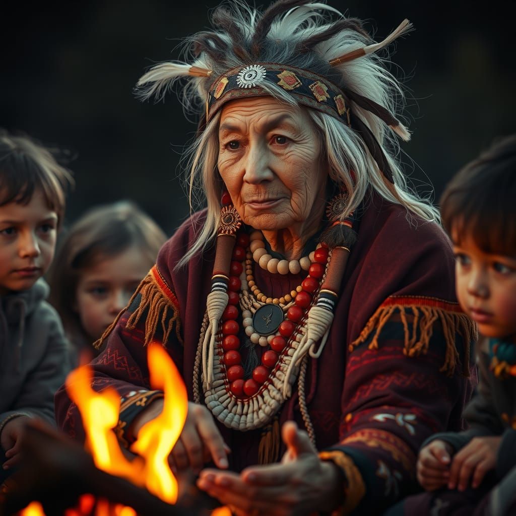 First Nations Elder Telling Stories by Campfire