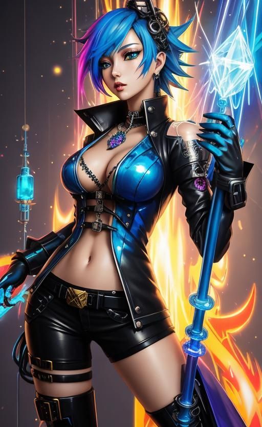 Steampunk Sorceress with Crystal Staff in Graffiti Art
