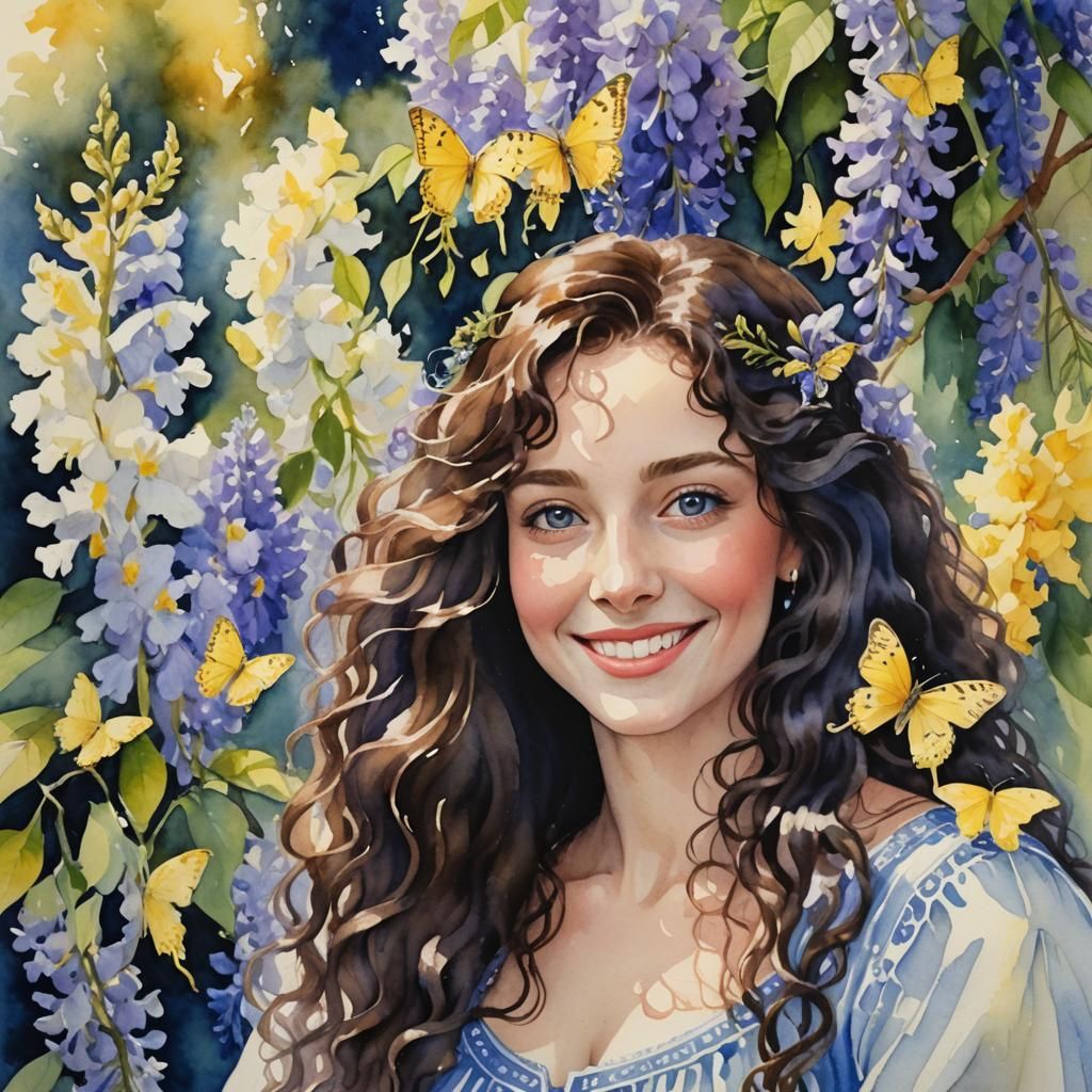 Watercolor Portrait of Woman with Butterfly and Wisteria