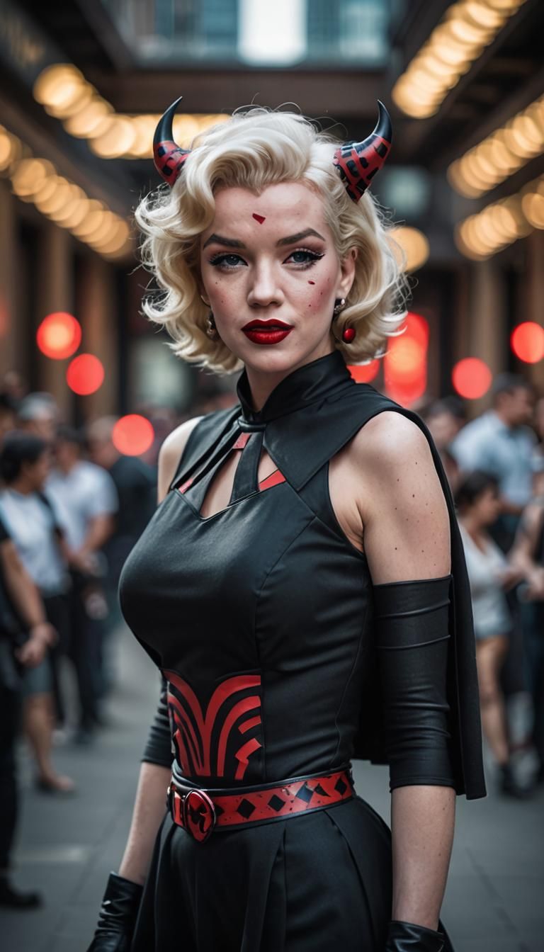 A young, fit, beautiful Marilyn Monroe is dressed up in a Darth Maul cosplay