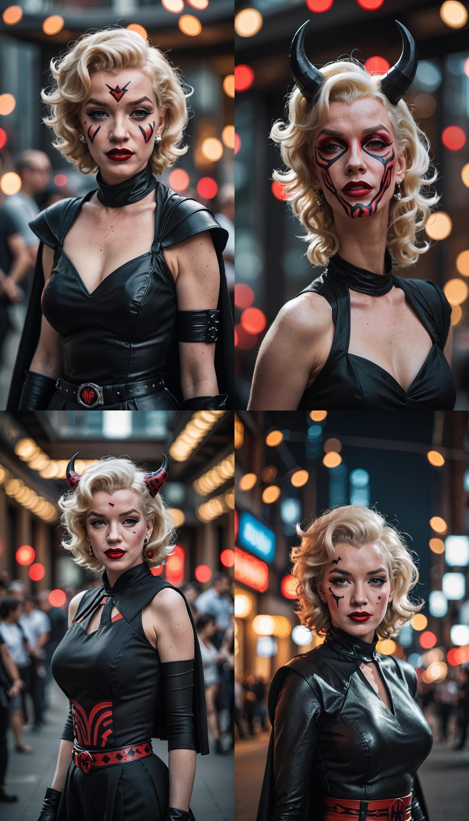 A young, fit, beautiful Marilyn Monroe is dressed up in a Darth Maul cosplay