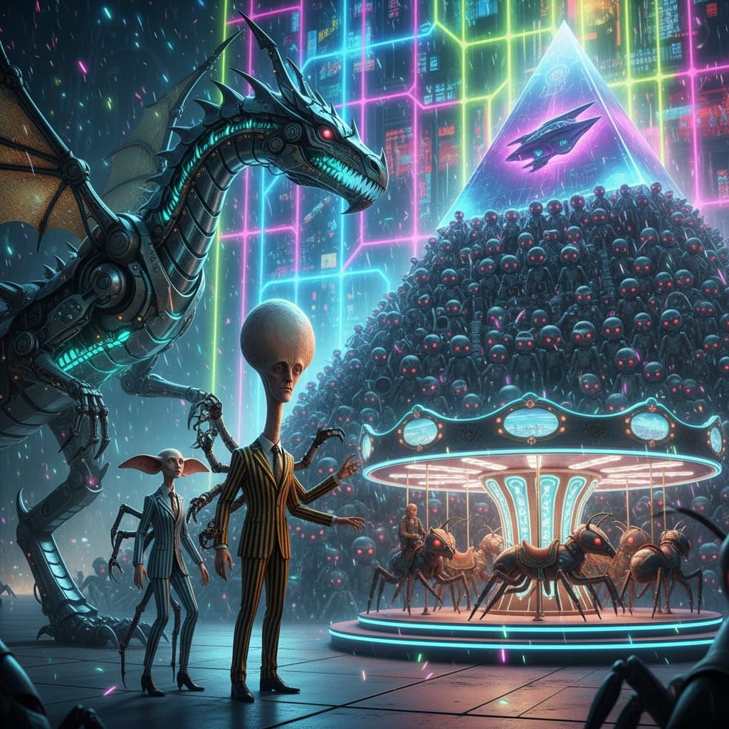 Eerie Insectoid Dragon Cyborg & Androids in Luminous Grid