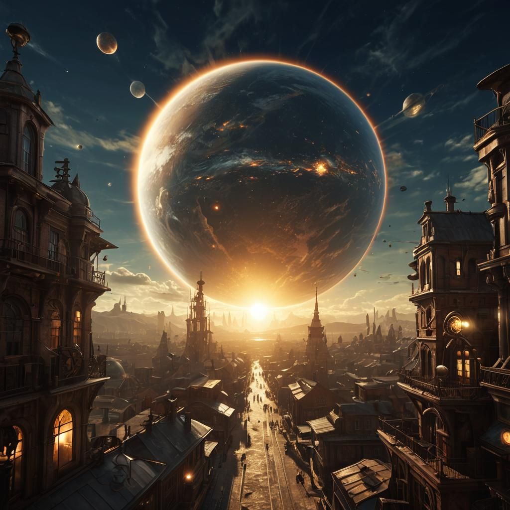 Steampunk Cityscape with Distant Planet