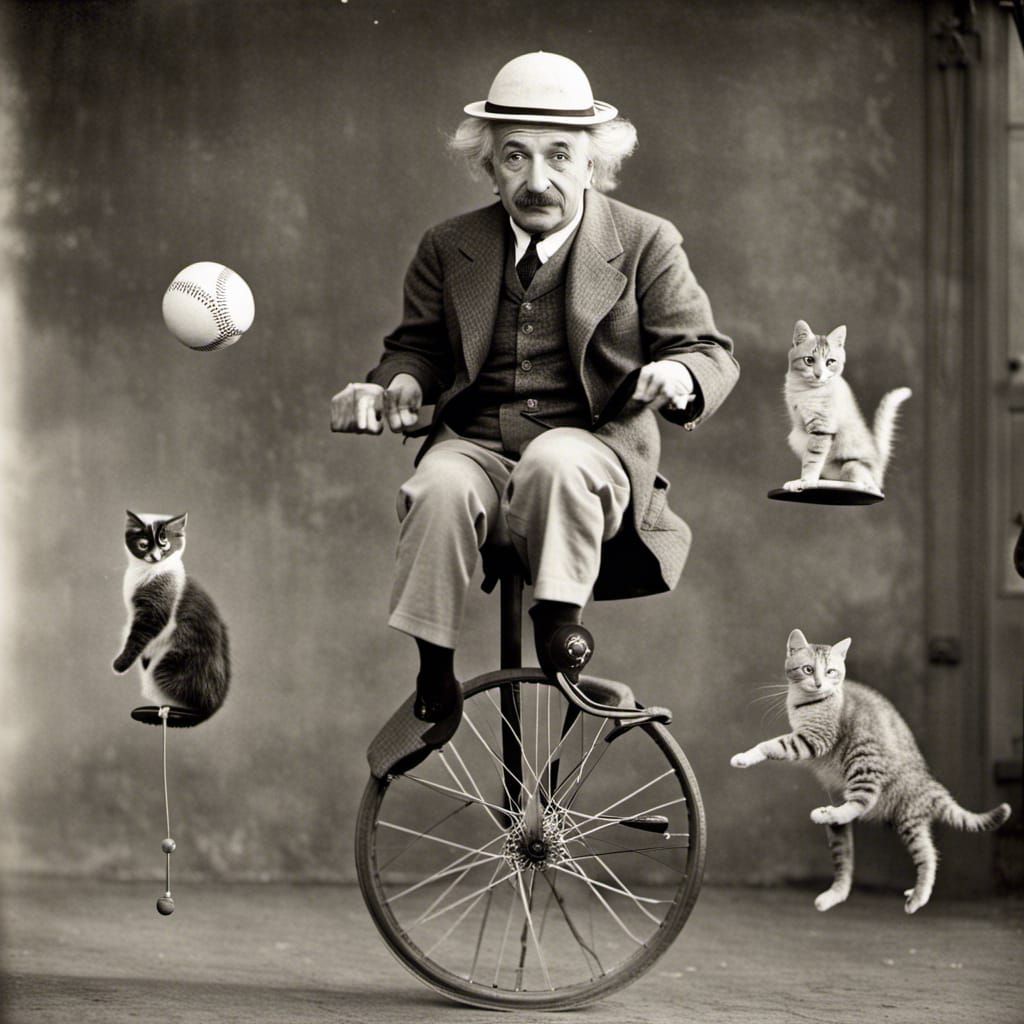 Einstein Rides Unicycle, Juggling Cats: Photo