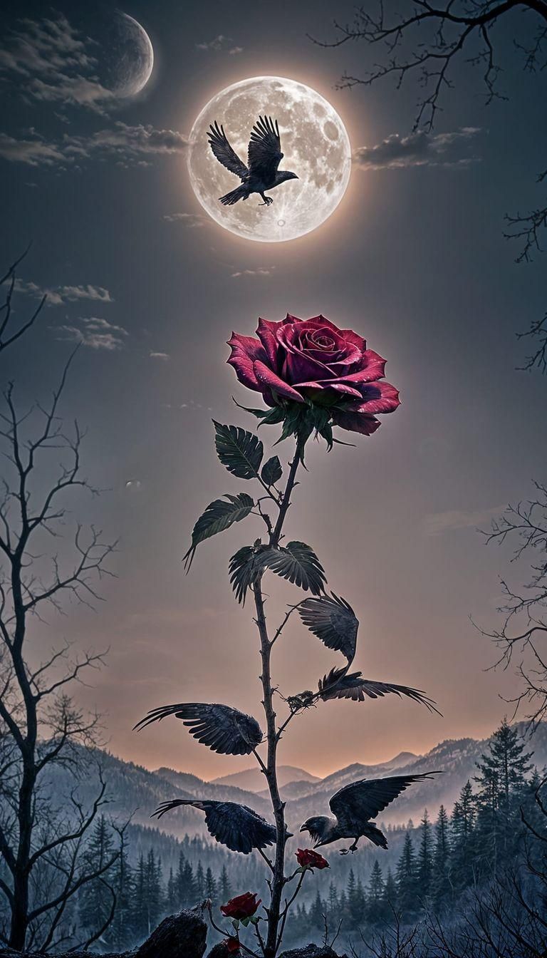 Cracked Blood Red Rose Under Full Moon