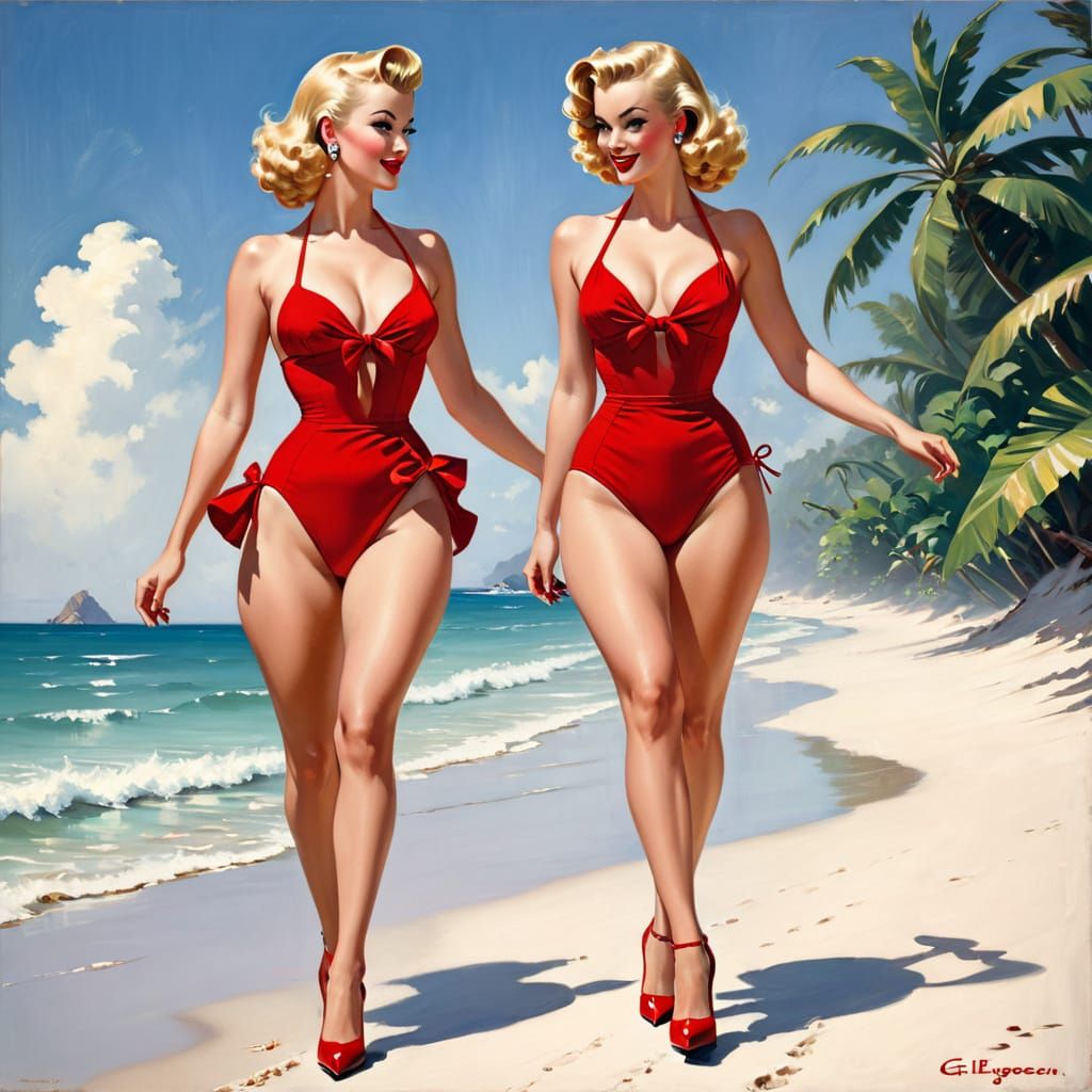 Retro Pin-Up Girl on Tropical Beach, Impressionistic Style