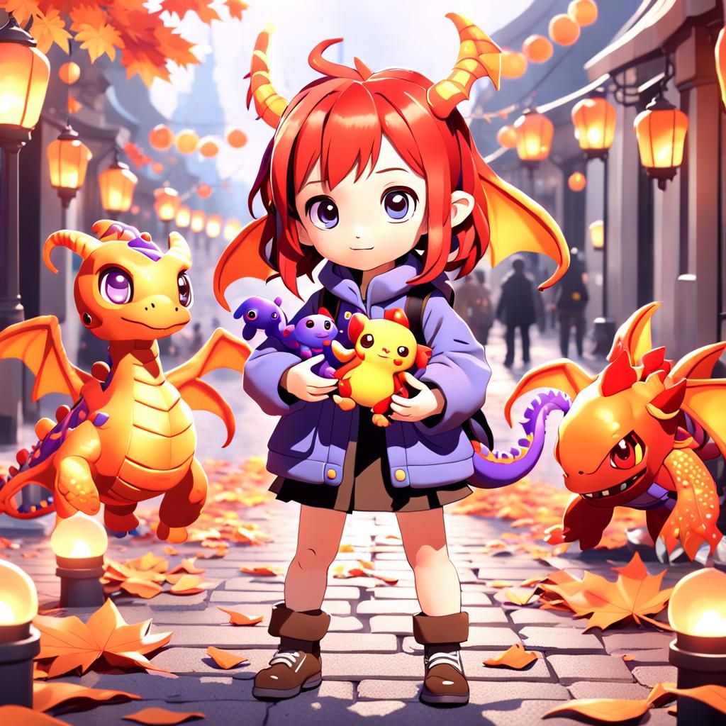 Anime 3D Portrait: Girl as Dragon on Autumn Street