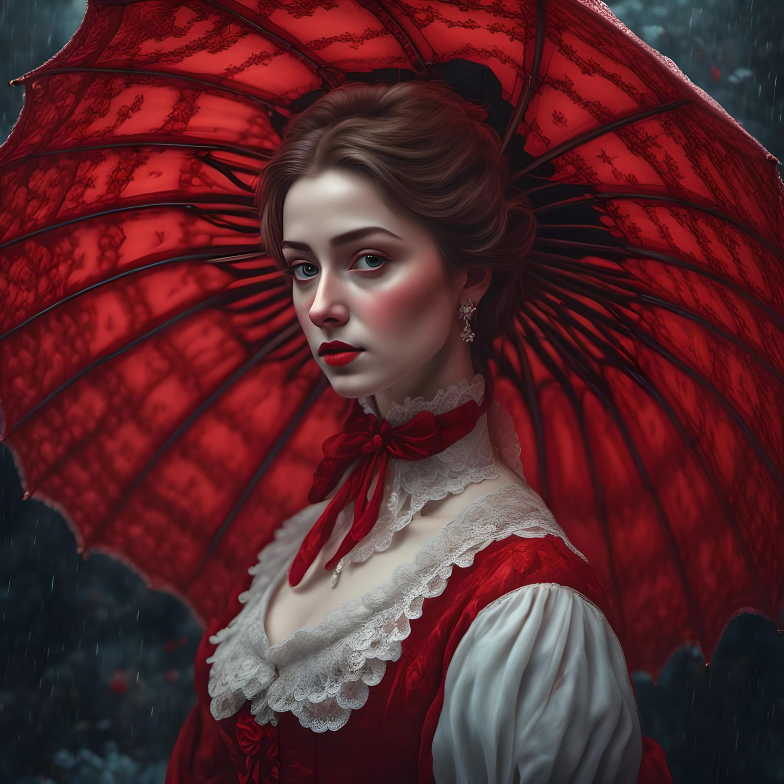 Victorian Woman with Red Umbrella Portrait