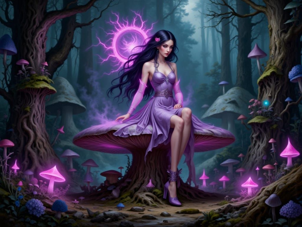 Drow Mage Casting Spell on Enchanted Mushroom