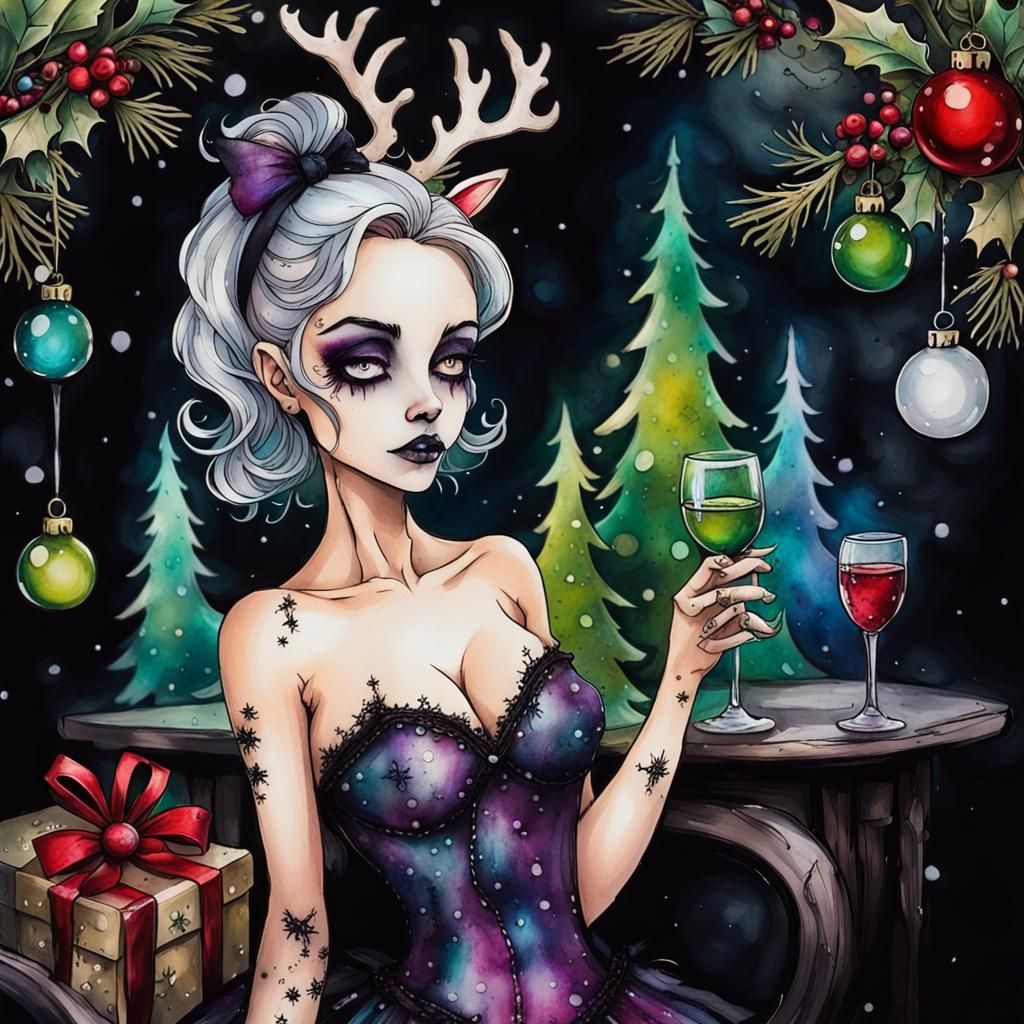 Whimsical Goth Misfits Christmas in Alcohol Inks