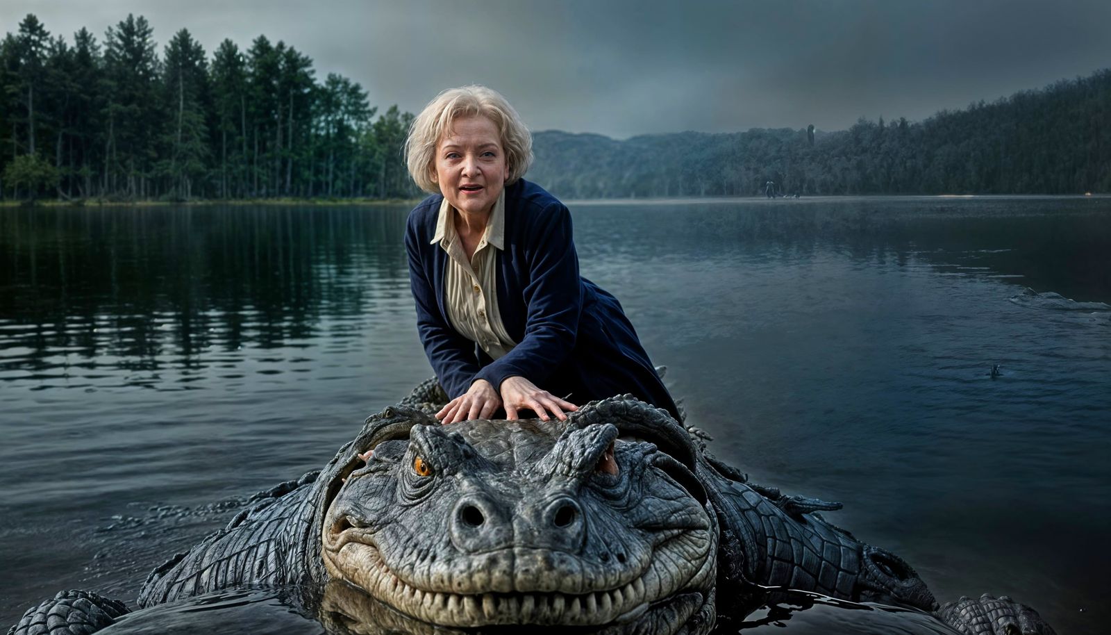 Betty White as Iconic Croc Lady Riding Burt in Lake Placid
