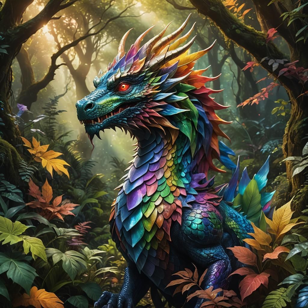 Majestic Rainbow Dragon in Mystical Forest