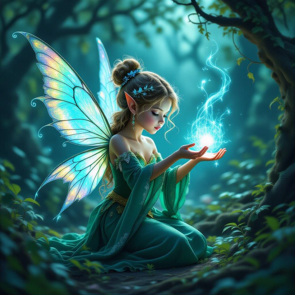 Iridescent Fairy Practicing Magic in Twilight Grove