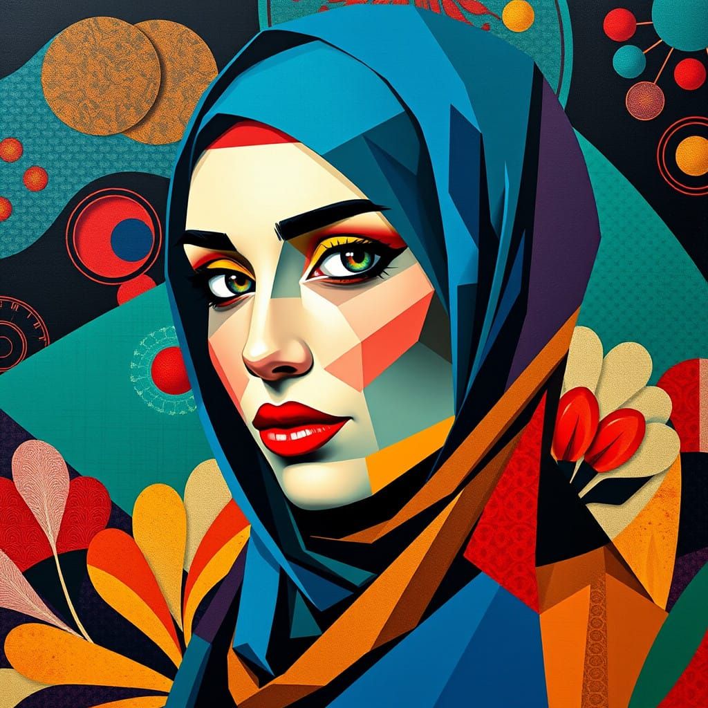 Cubist Woman in Vibrant Hijab, Blending Traditional Techniqu...