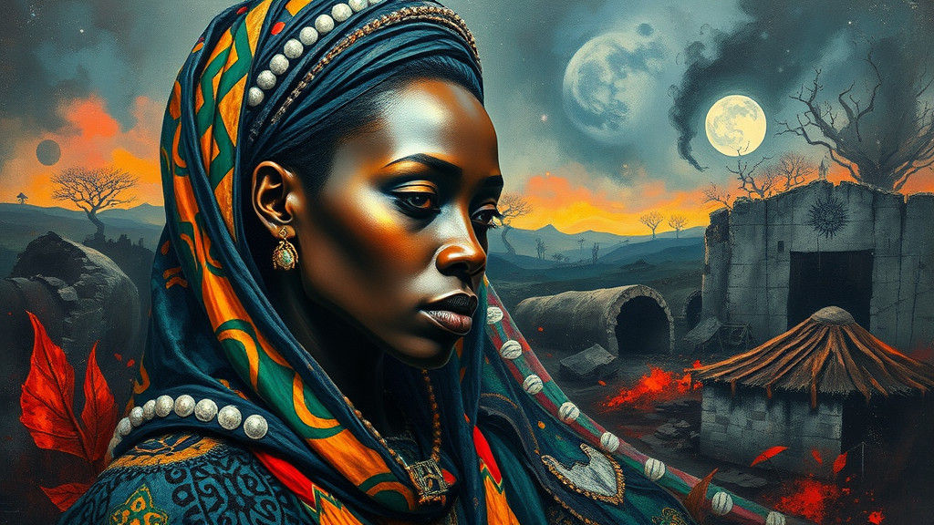 Surreal Goddess in Vibrant, Symbolic Attire, Confronting Anc...