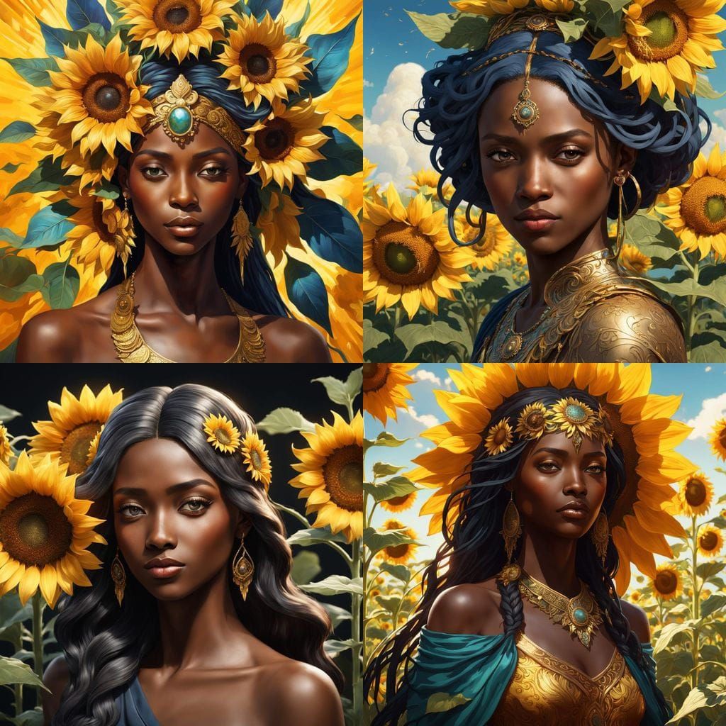 Divine Ebony Goddess Basks in Sunflower Field