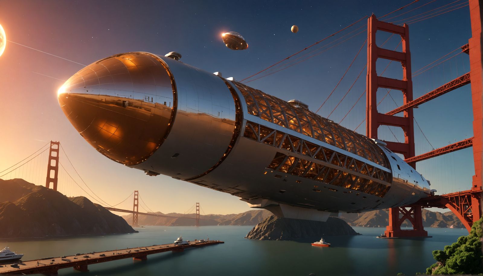 Orb-Shaped Generation Ship Over Golden Gate Bridge