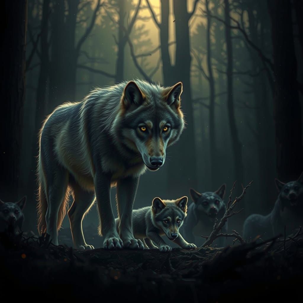 Mother Wolf Defends Her Cub Against a Fierce Menace