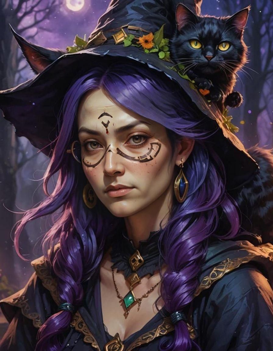 Mischievous Purple-Haired Witch with Cat, Detailed Digital A...