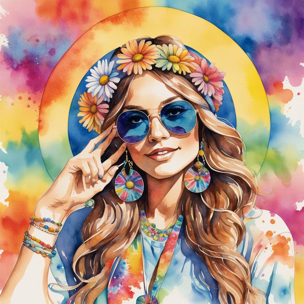 Colorful Watercolor: 70s Hippie Girl with Daisies