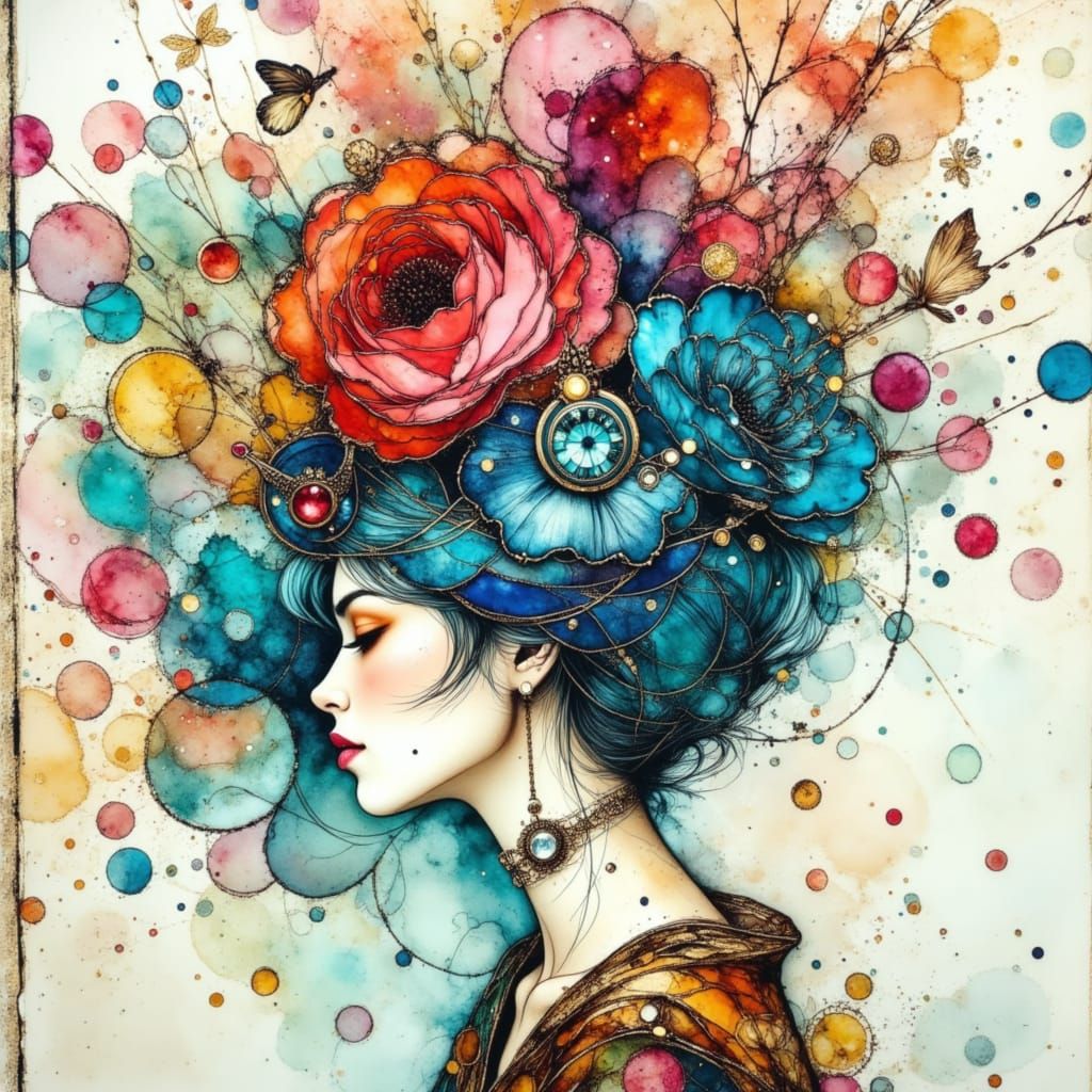 Woman Bloom in Alcohol Ink and Stained Glass Style