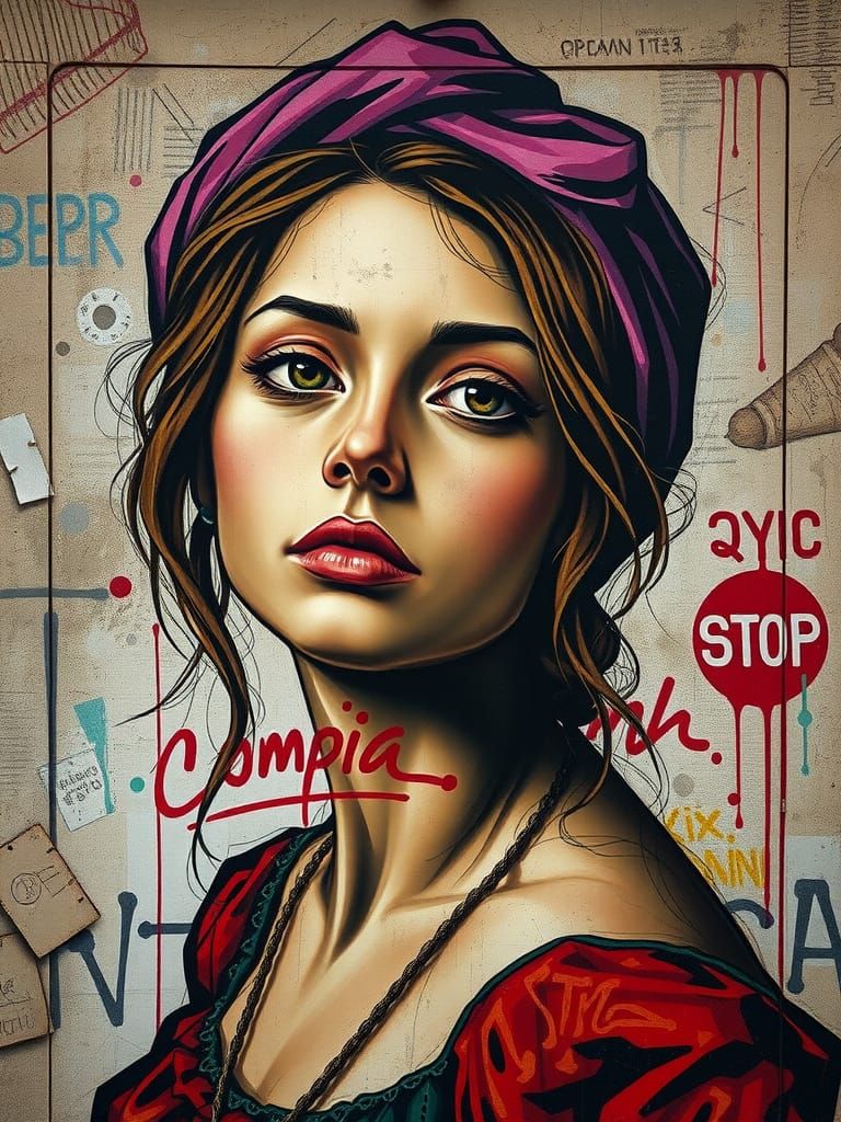 Baroque Street Art Female Portrait in Earthy Tones