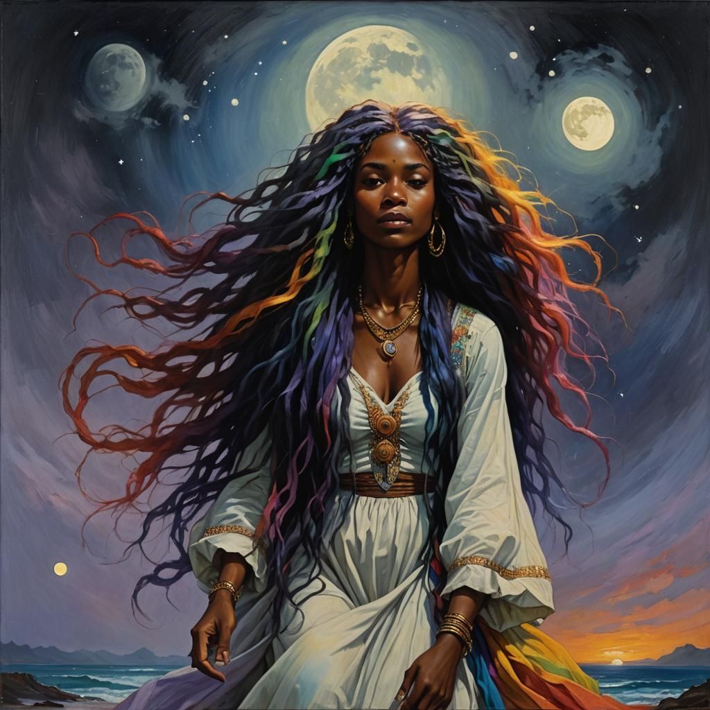 Rainbow Hair Under the Moon: Oil Painting