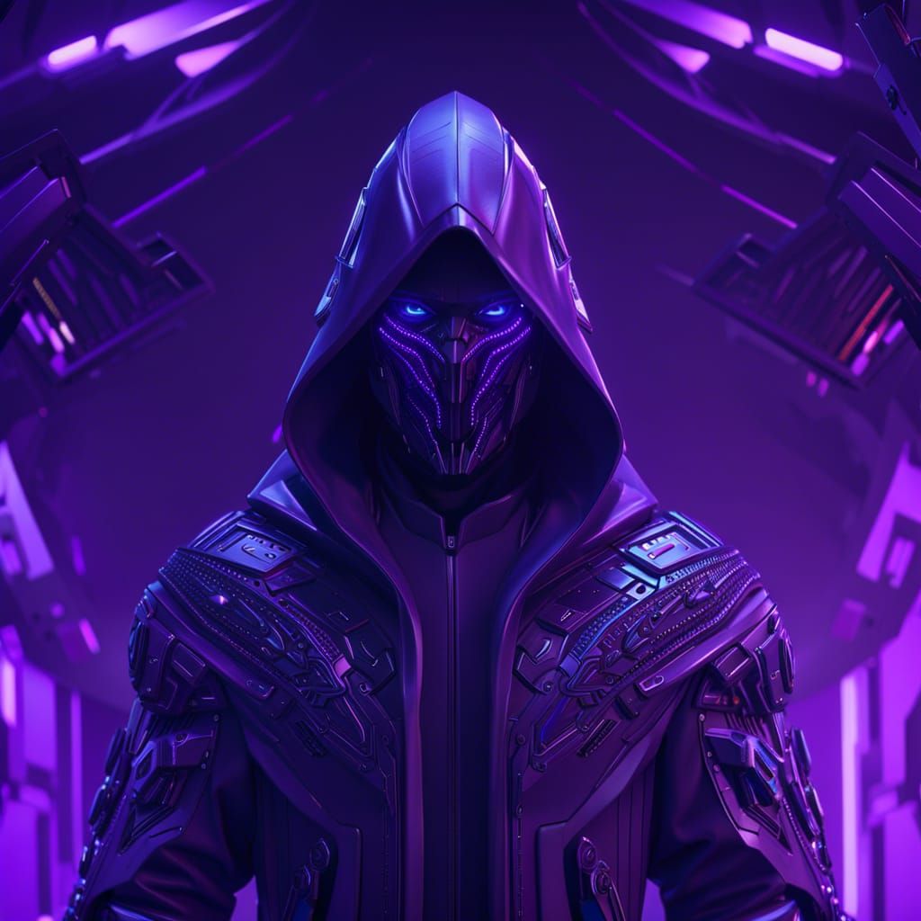 Futuristic Man in Hooded Robe with Cyberpunk Background