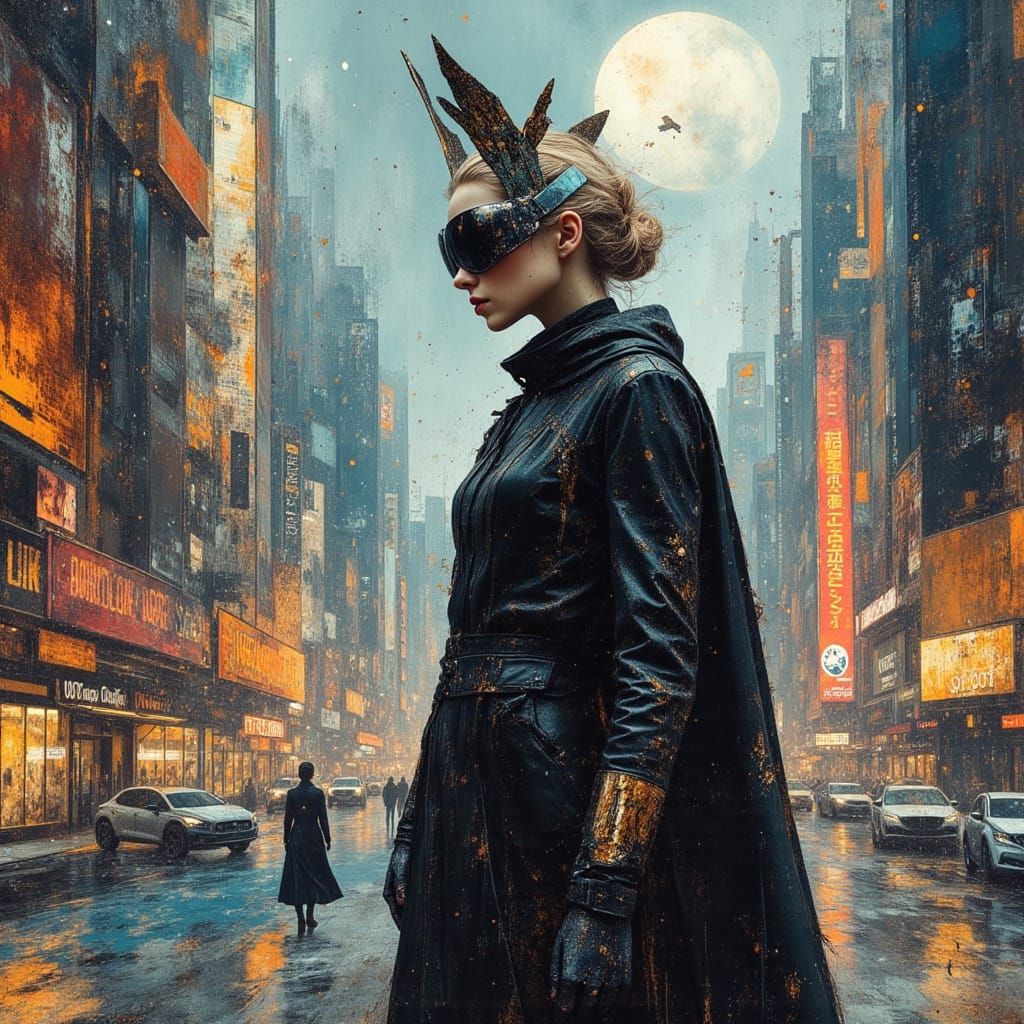 Cyberpunk Cityscape with Cyborg Woman in Enchanted Futurism