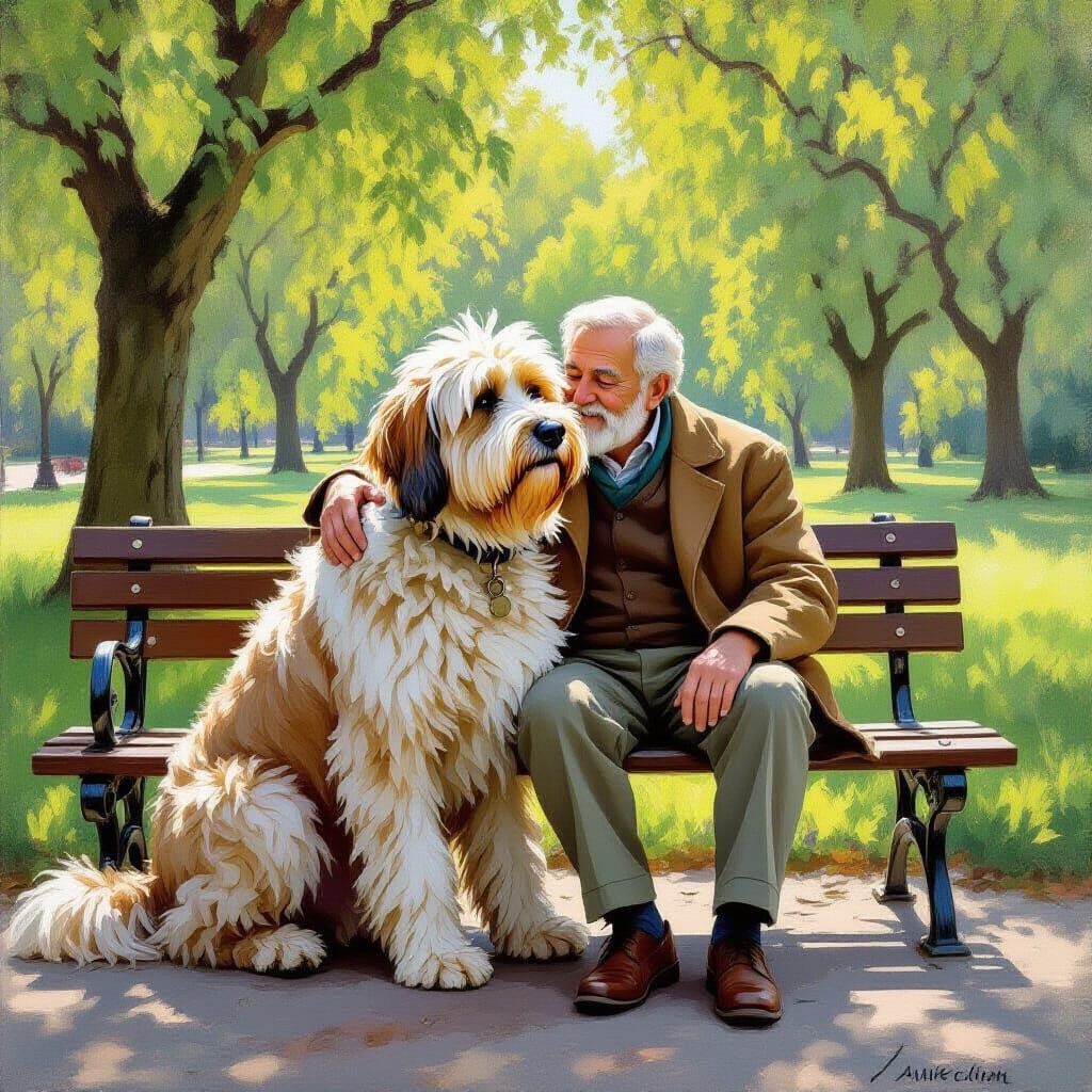 Elderly Man and Dog Companionship in a Peaceful Park