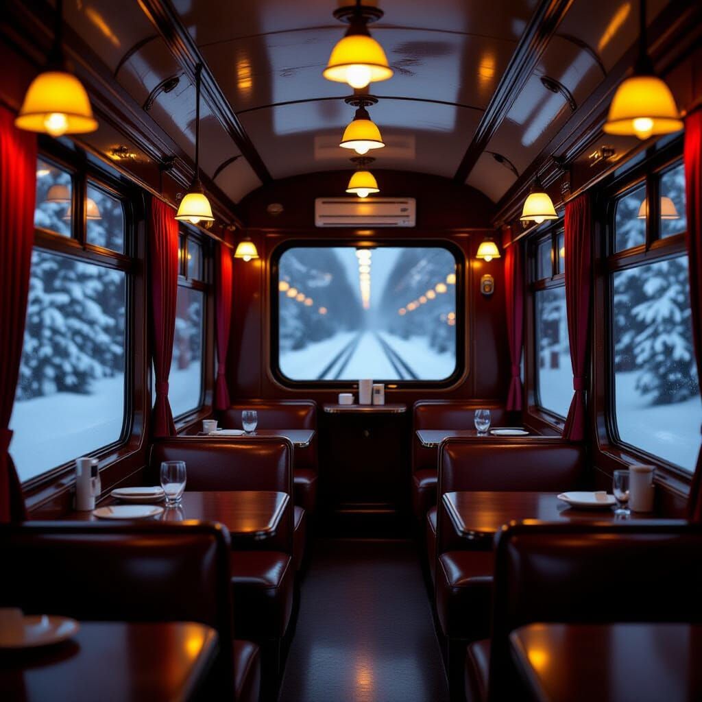 Cozy Train Dining Car Amidst a Blizzard