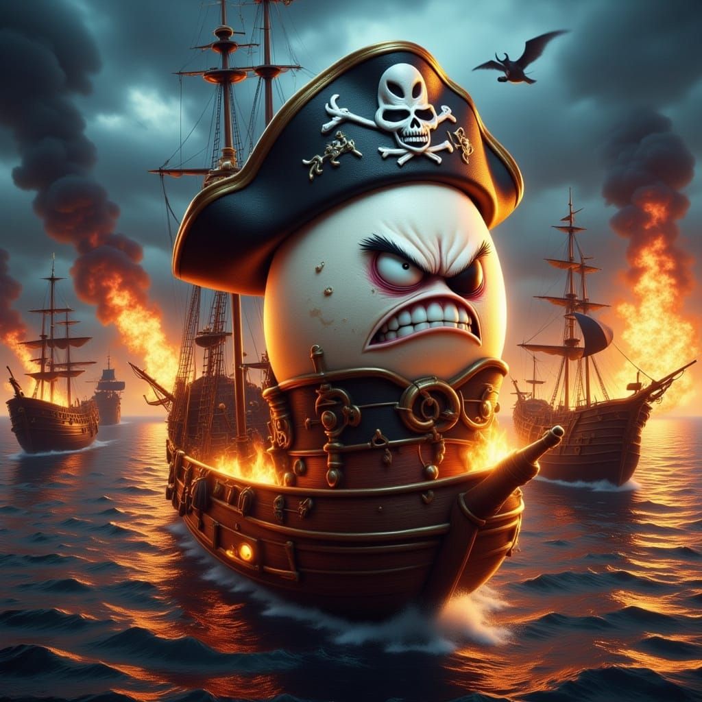 Angry Egg Pirate on Burning Ship Digital Art
