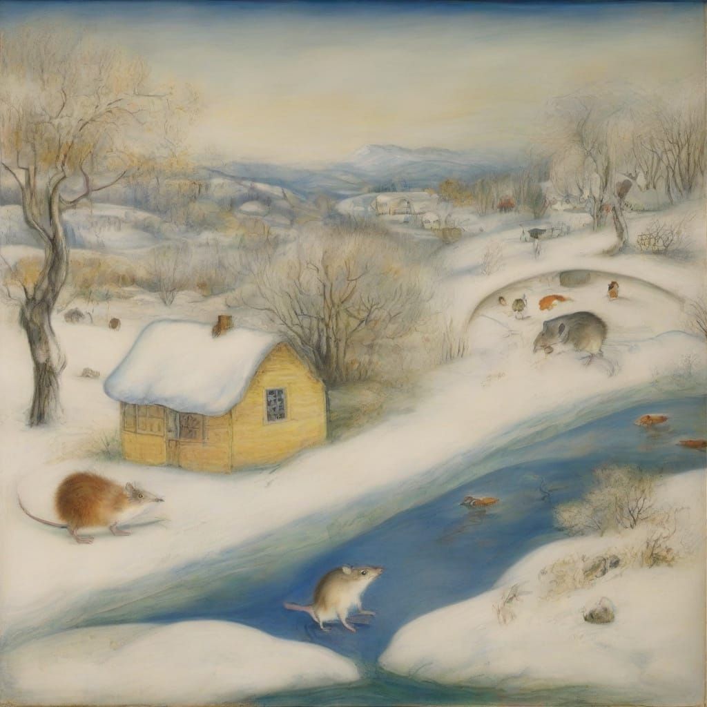 Mouse Rides Hedgehog Along Frosty River in Winter Wonderland...