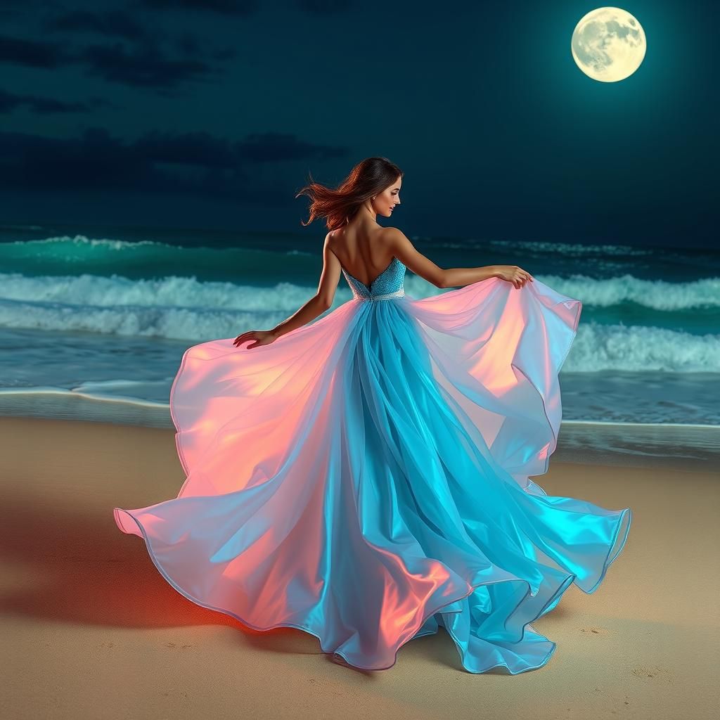 Woman Dancing on Moonlit Beach in Flowing Gown