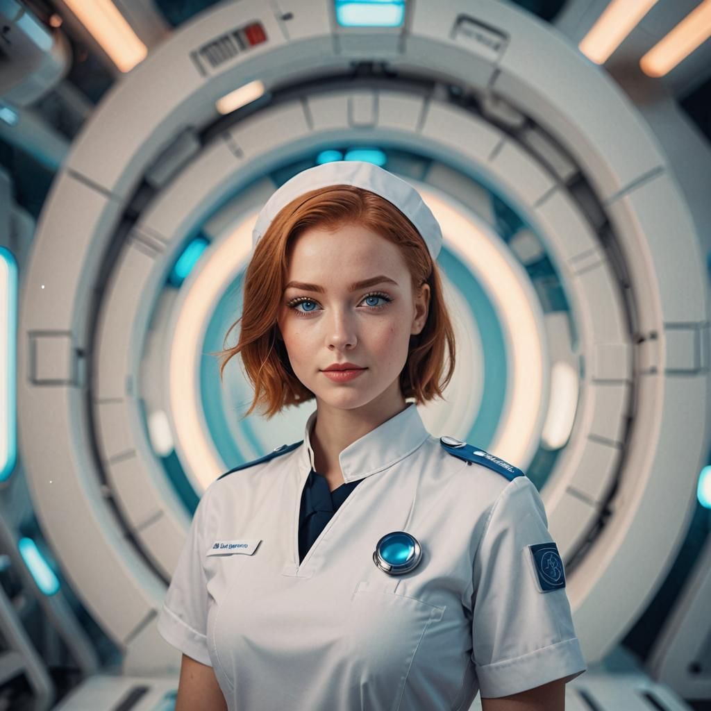 Retrofuturistic Nurse Portrait in Soft Sci-Fi Style