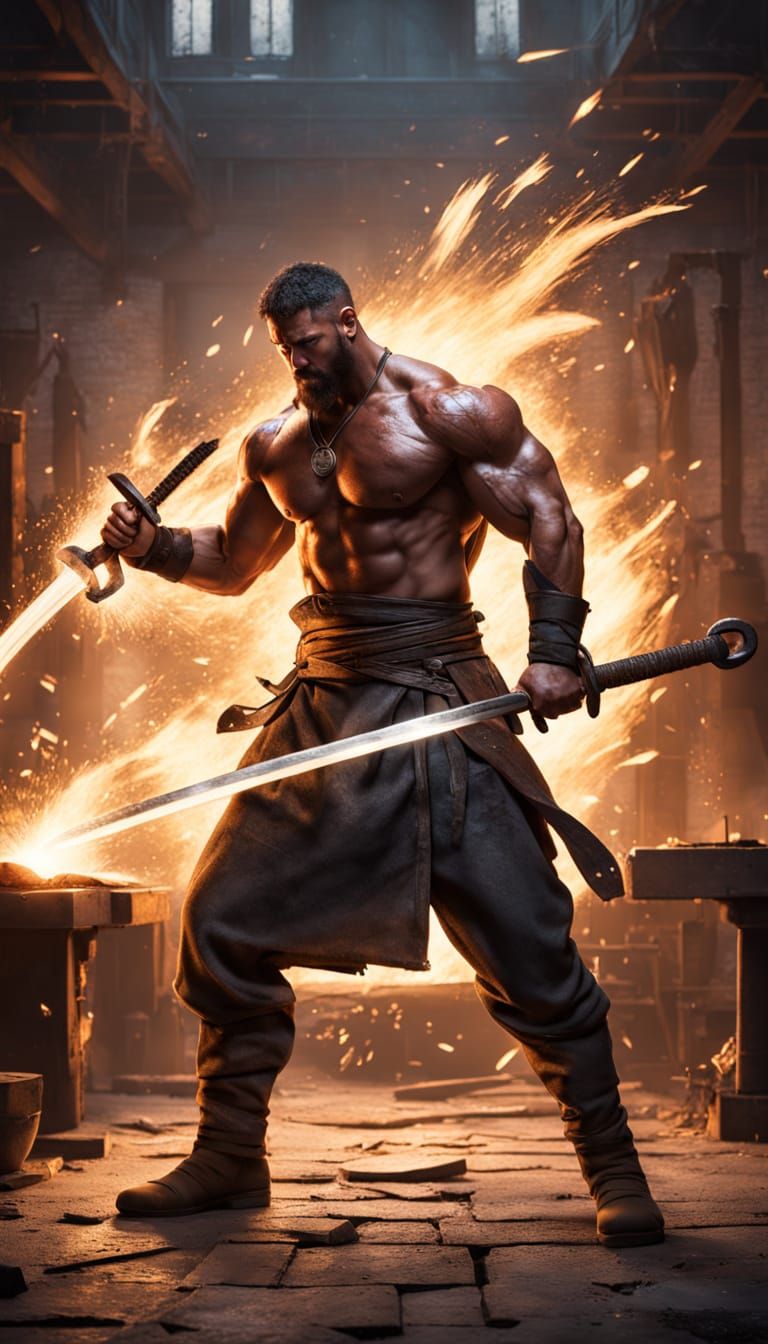 Muscular Blacksmith Forging Glowing Sword in Medieval Forge